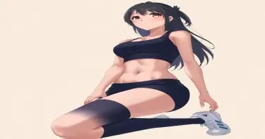 masterpiece, best quality, amazing quality, very aesthetic, absurdres, newest, scenery, high-resolution, digital illustration, highly detailed, digital art, anime, digital art, a woman, female, sui-feng, bleach, navy hair, brown eyes, athletic wear, dark blue sports bra, cleavage, midriff, navel, tight shorts, dark blue shorts, thighhigh socks, white sneakers, blue lining, adidas logo, on one knee pose, hand on knee, looking away, beige background, gradient background, from below, medium depth of field, rule of thirds, high aesthetic quality, smooth shading, detailed textures, clean lines, sharp edges, minimalistic composition, masterpiece, best quality, amazing quality, very aesthetic, absurdres, newest, scenery