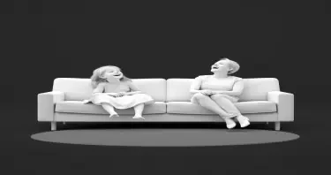 please create a white-on-white 3d image of a 6 year old girl seated on a couch next to her mother. both are laughing loudly and obviously happy.  Flat black background. minimalistic.