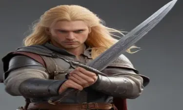 male ranger wearing medieval clothing, long blonde hair, holding a sword