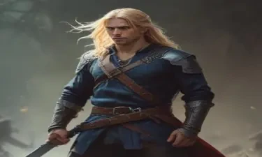 male ranger wearing medieval clothing, long blonde hair, holding a medieval sword "not armor"