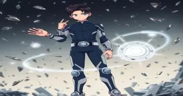 Full-body anime character of a well-composed teenage boy with sharp silver eyes and slicked-back black hair. He wears a sleek navy-blue and silver bodysuit with circular magnetic emitters embedded in his palms, boots, and belt. Floating shards of metal orbit him in controlled formation. He stands tall, one hand raised to manipulate the field, with a confident, cold stare. Background is metallic debris suspended midair. Style of My Hero Academia, clean and futuristic, with magnetic energy arcs