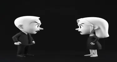 please create an image of an angry man facing an angry woman  using minimalist, 3D white-on-white cartoon-like characters with no facial features, no hair, against a flat black background with no elaboration or details.