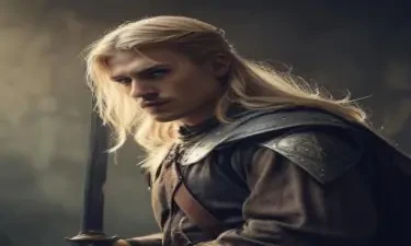 male ranger wearing medieval clothing, long blonde hair, holding a medieval sword
