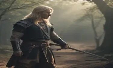 male ranger wearing medieval clothing, long blonde hair, holding a medieval sword "not armor"