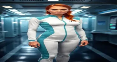 Beautiful, young red haired woman.  Freckle-faced, intense green eyes, fit, and tan.  Wears a 23rd century, Star Trek style medical jumpsuit with Starfleet insignia.  Form fitting, white with aqua collar panel and trim.  She is standing in a in a Star Trek style medical bay.  Also wears appropriate footwear.