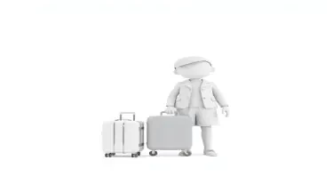 minimalist 3d white-on-white cartoon-like parent and child with suitcases. no facial features. no hair. no clothes. transparent background.