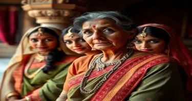 An old ex concubine now aged has transformed into a kind woman, who is taking care of the young dancers employed by the nawab.lady at the nawab's haweli. All are full bodied girls and ladies wearing nixe indian tradional clothes with jewelery