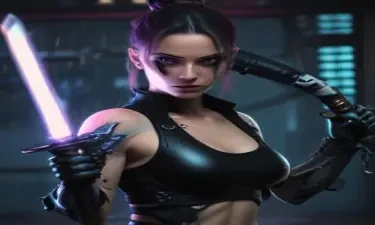 cyberpunk punk girl  with eye and hand implants holding a glowing katana sword ready to do battle with anatomical human anatomy