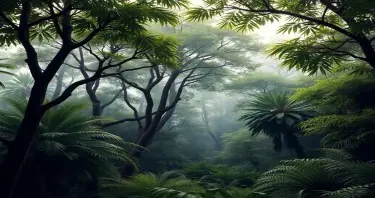 a photorealistic picture of a prehistoric jungle with full leafy trees and with no dinosaurs