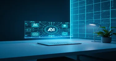 A futuristic digital workspace with holographic AI interface projections, minimalist clean desk, cool blue and teal color palette, soft light reflections, subtle tech grid background, perfect for a digital product eBook cover