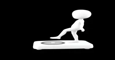 please draw a minimalist white-on-white 3d character being weighed on a medical scale. she has one foot off the scale to make herself appear to weigh less. Flat black background. no facial features. no elaboration or details.