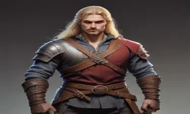 male ranger wearing medieval clothing, long blonde hair, holding a medieval sword "not armor"
