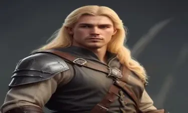 male ranger wearing medieval clothing, long blonde hair, holding a medieval sword "not armor"