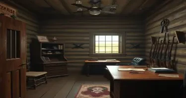 a photorealistic picture inside an old wild west sheriff's jail seeing the cell and his desk and gun rack