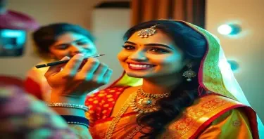 a pretty bollywood look alike actress with a full body is being assisted in her make up. Tradional formal Indian attire to visit her future in laws