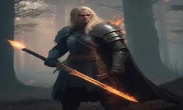 A dark, foreboding DnD warrior wearing medieval clothing, six-feet tall with long, blonde hair, at daybreak in a forest wielding a sword that has a glowing flame effect, DnD game style, -armor
