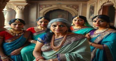 An old ex concubine now aged has transformed into a kind woman, who is taking care of the young dancers employed by the nawab.lady at the nawab's haweli. All are full bodied girls and ladies wearing nixe indian tradional clothes with jewelery