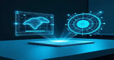 A futuristic digital workspace with holographic AI interface projections, minimalist clean desk, cool blue and teal color palette, soft light reflections, subtle tech grid background, perfect for a digital product eBook cover