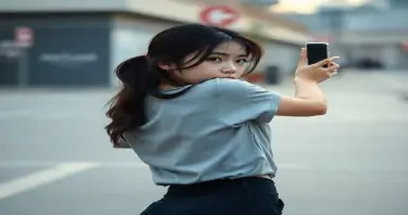 an artistic selfie of an 18yo asian girl bending over with her back to the camera
