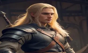 male ranger wearing medieval clothing, long blonde hair, holding a medieval sword "not armor"