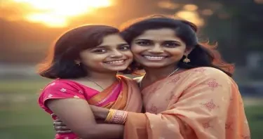 a cute indian child is adoring his young madhuri dixit lookalike mother