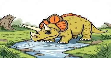a cartoon drawn Triceratopses drinking from a stream to be used in a children's book.  don't make him too ferocious looking please.