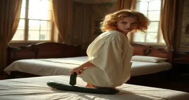 An Art Noveau styled room, with a double bed in the middle, light flowing through the large windows a curly blonde girls with blue ejes with a malicious face is squatting with the back to the camera but looking at it over her shoulder  and dressed with a white loose unbuttoned open blouse on a double bed with a long zucchini in one hand