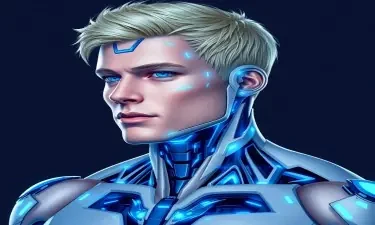 blue and white cybernetic guy blonde hair, handsome, muscular