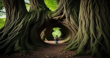 a photorealistic picture of a  tree with a tunnel in the trunk that a person could walk through.