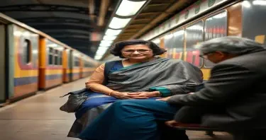 Bollywood actress Madhuri dixit like looks of a lady aged around 60 Years is waiting for a train at old Delhi Metro platform, when a young business exeutive offers her a seat as a courtsey,