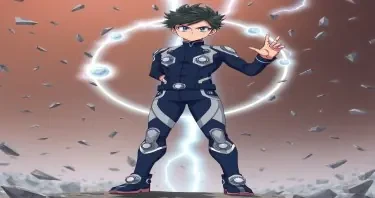 Full-body anime character of a well-composed teenage boy with sharp silver eyes and slicked-back black hair. He wears a sleek navy-blue and silver bodysuit with circular magnetic emitters embedded in his palms, boots, and belt. Floating shards of metal orbit him in controlled formation. He stands tall, one hand raised to manipulate the field, with a confident, cold stare. Background is metallic debris suspended midair. Style of My Hero Academia, clean and futuristic, with magnetic energy arcs