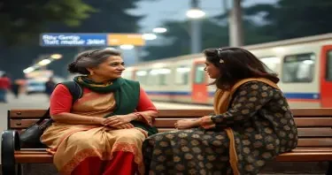 a full body Madhuri look alike 65 years fair complexioned lady meets a young business executive at Darya Ganj Metro station in the evening and start talking while seated on the bench