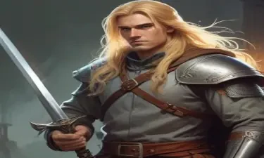 male ranger wearing medieval clothing, long blonde hair, holding a medieval sword "not armor"