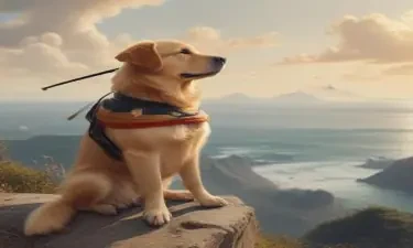 Create a picture of a golden retriever dog as a samurai sitting on a hill overlooking the ocean in the style of one piece anime