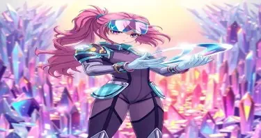 Full-body anime character of a graceful teenage girl with wavy pink hair and mirrored visor glasses. She wears a stylized combat outfit with transparent glass-like armor plates on her shoulders, hips, and shins. Her hands shape a swirling ribbon of glass into a curved blade mid-formation. Shards float behind her like an elegant sculpture. Background is a shimmering field of crystalline spires reflecting rainbow light. Style of My Hero Academia, stylish, colorful, and dangerously beautiful