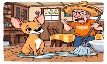 A whimsical, cartoon-style illustration of a mixed breed tanc colored chihuahua puppy mischievously squatting and peeing on a rustic country kitchen table. The small dog has the large ears of a beagle but the petite body of a chihuahua, with a guilty yet playful expression. Nearby, a screaming  crying, hysterical man with an exasperated expression is holding a mop, clearly upset about having to clean up the mess. The man is wearing a bright orange Texas Longhorns t-shirt and an oversized, decorative sombrero that contrasts comically with his annoyed expression. The kitchen has a warm, country aesthetic with checkered tablecloth and wooden furniture. Bright, vibrant colors with a humorous, lighthearted style. text Puta Madre!
