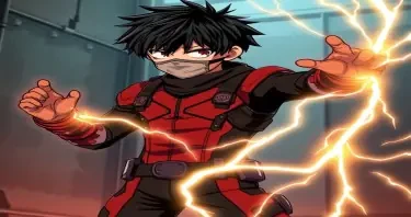 Full-body anime character of a focused teenage boy with short black hair, a cloth mask over his mouth, and burn-scarred arms. His black and red bodysuit is reinforced with insulated plates and glowing filament coils. He stands in a defensive posture, one arm raised with glowing plasma threads stretching outward like wires under tension. Background shows industrial walls partially sliced by plasma. Style of My Hero Academia, tense and technical, glowing thread effects