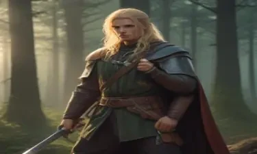 male ranger wearing medieval clothing, long blonde hair, couching in a forest at daybreak, holding a sword