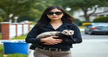 a petite japanese woman, in her late twenties, wearing dark sunglasses, dressed as an FBI agent, carrying a ferret in her arms in a suburban neighborhood