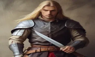 male ranger wearing medieval clothing, long blonde hair, holding a medieval sword