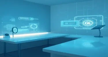 A futuristic digital workspace with holographic AI interface projections, minimalist clean desk, cool blue and teal color palette, soft light reflections, subtle tech grid background, perfect for a digital product eBook cover