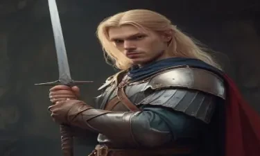 male ranger wearing medieval clothing, long blonde hair, holding a medieval sword "not armor"
