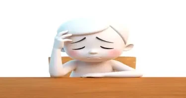 minimalist 3d white-on-white cartoon-like child frustrated and hopeless seated at table hand on forehead no facial features. no hair. no clothes. transparent background.
