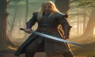 male ranger, six-foot tall, wearing medieval clothing, long blonde hair, couching in a forest at daybreak, wielding a sword