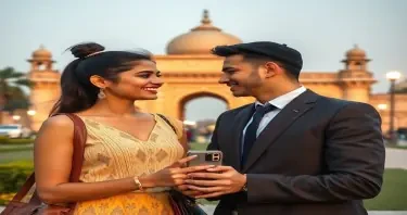 a young Bollywood look alike actress with full body dating with a well educated young executive with a historical monument in the background