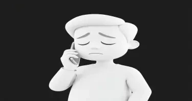 please create an image of a sad adult talking on a cell phone using minimalist, 3D white-on-white cartoon-like characters with no facial features, no hair, against a flat black background with no elaboration or details.