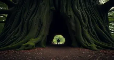 a photorealistic picture of a large tree with a tunnel in the trunk that a person could walk through.