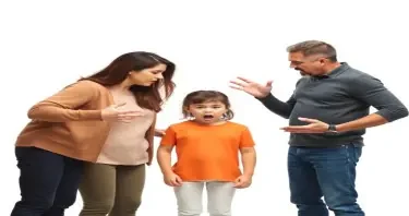 please create a photorealistic image of two parents arguing about their 11 year old daughter who is standing between them. the child looks scared. the adults look angry and are making angry gestures. Flat white background. no detail or elaboration.