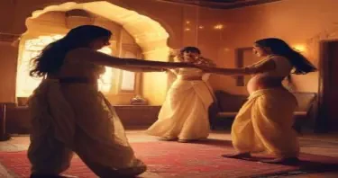 a mujrah scene in a haveli where navaabs are enjoying the dance perfomance of pretty young indian girls