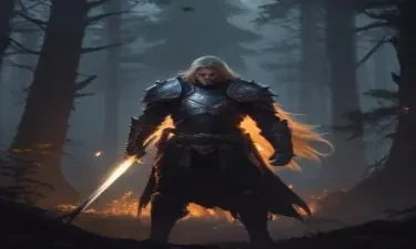 A dark, foreboding paladin, six-feet tall with long, blonde hair,  wearing leather armor, in a moonlit forest wielding a sword that has a glowing flame effect, DnD game style